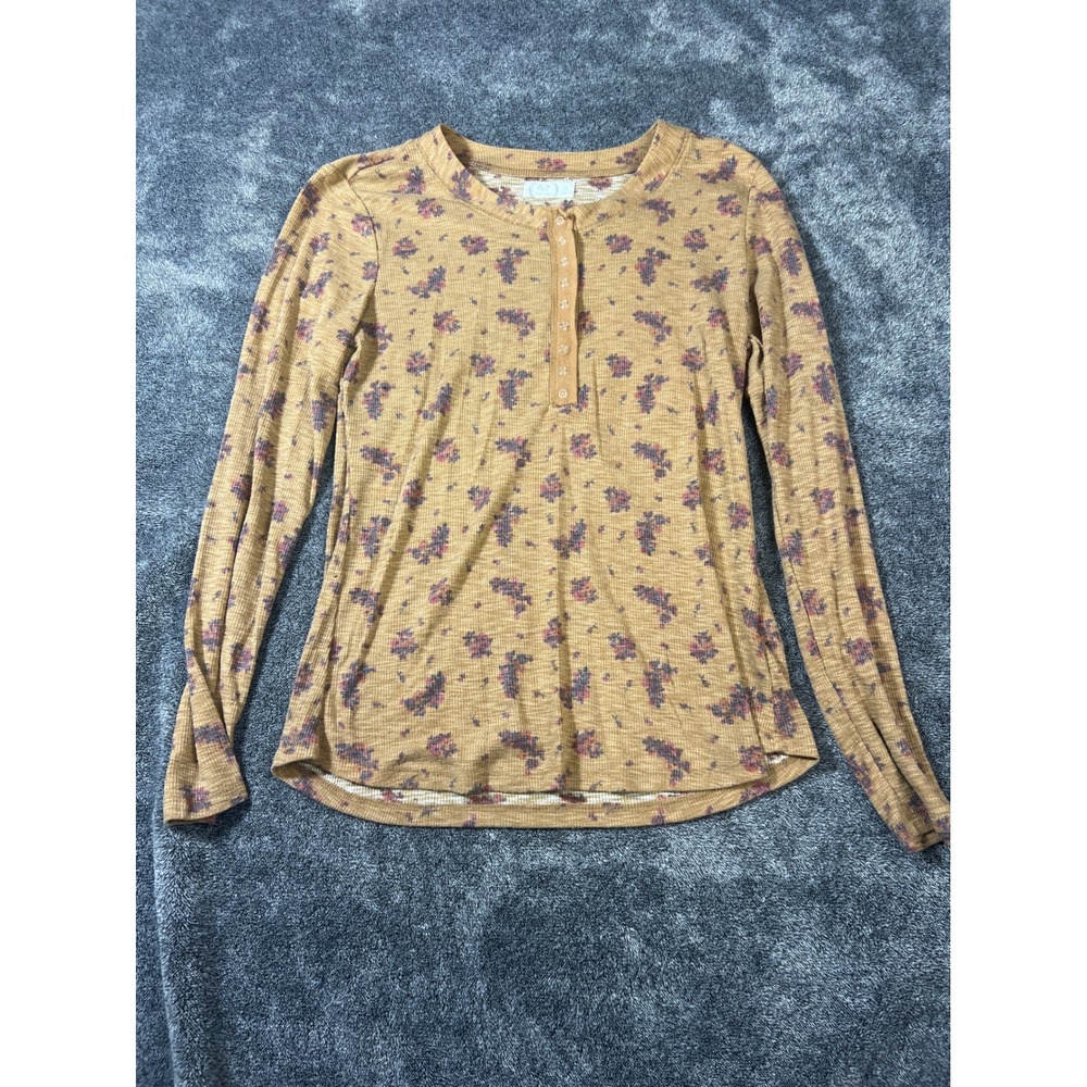 Maurices 24/7 Mustard Yellow Floral Ribbed Henley Long Sleeve Top Medium